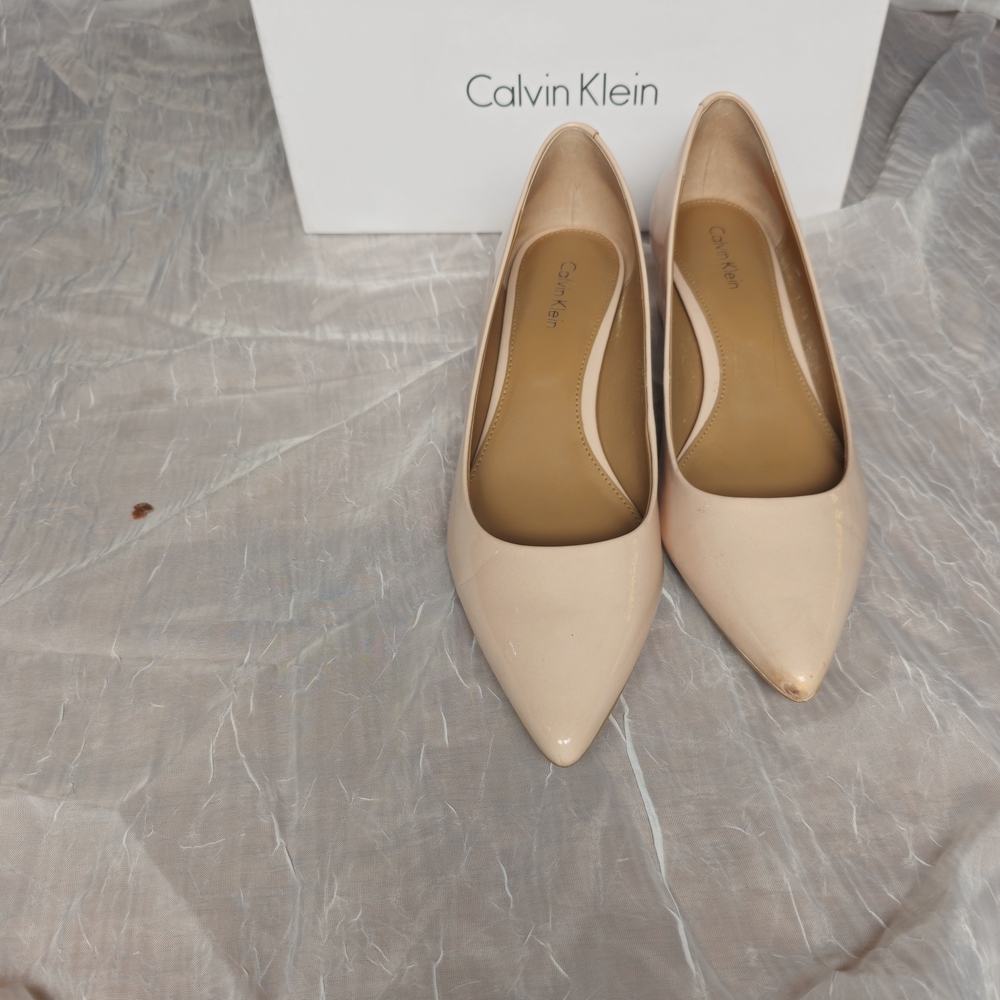 Calvin Klein Nude Patent Pointed-Toe Pumps With Wide Heel
